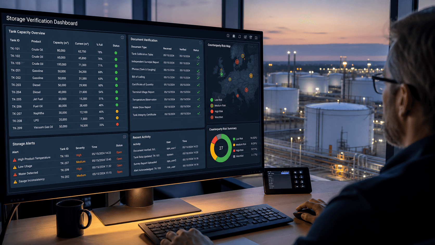 A fully populated storage-verification dashboard in an energy-trade control room overlooking a terminal.
