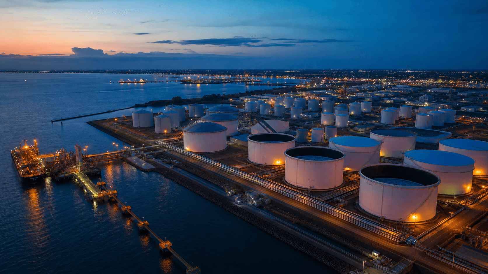 Aerial view of a liquid-bulk storage terminal beside a harbour at dusk.