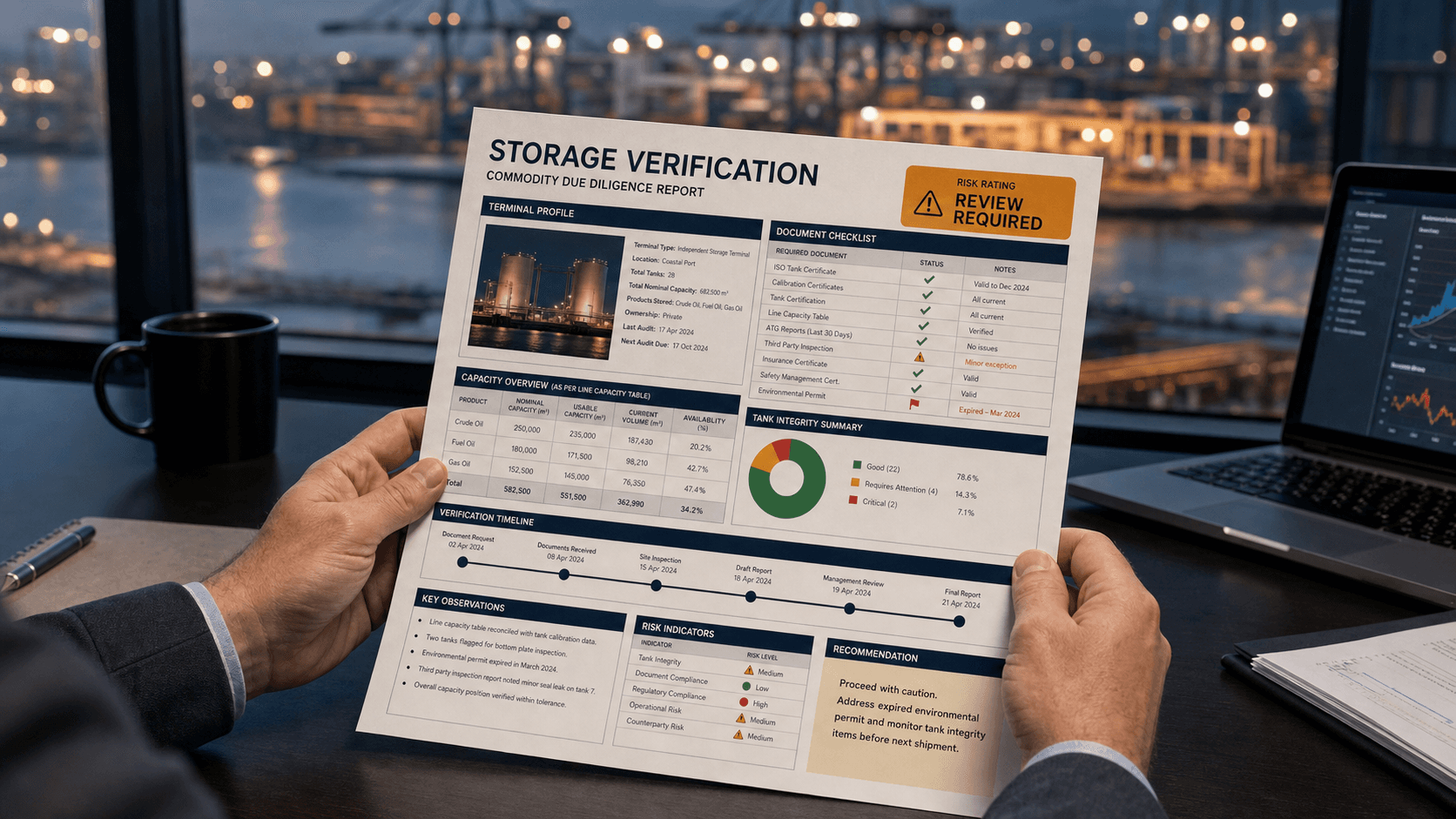 A completed storage-verification report with data tables, checklist and risk indicators.